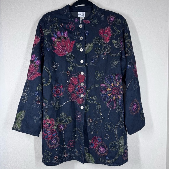 Chico's Jackets & Blazers - Chico's Artsy Embroidered Jacket Colorful Floral Beaded Studs Black Long Medium